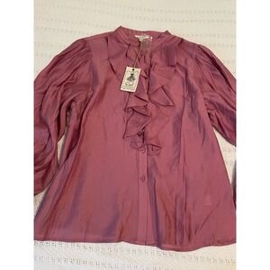 New Ruffle Front Blouse Purple Sz Medium High Neck Pleated Balloon Sleeve Office